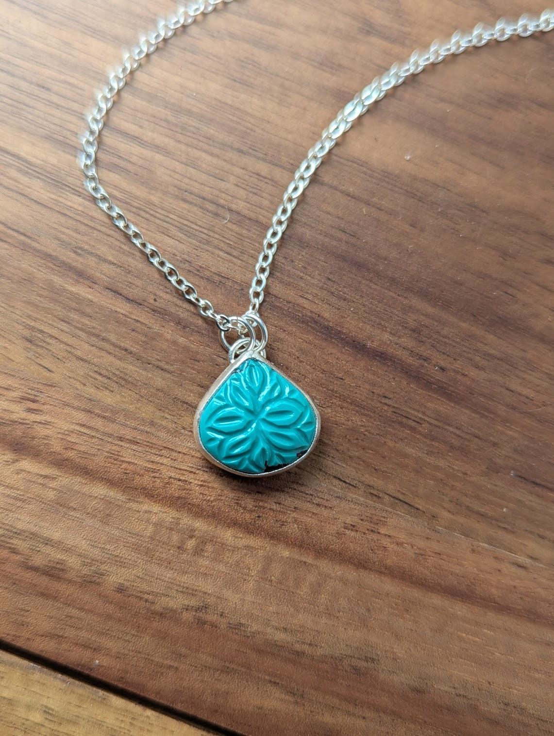 Carved Mandala Turquoise Tear Drop Sterling Silver Necklace