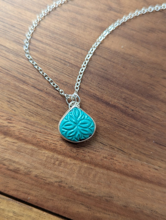 Carved Mandala Turquoise Tear Drop Sterling Silver Necklace