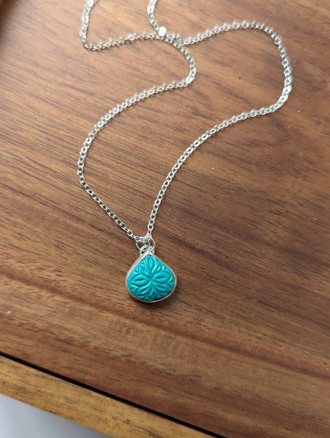 Carved Mandala Turquoise Tear Drop Sterling Silver Necklace