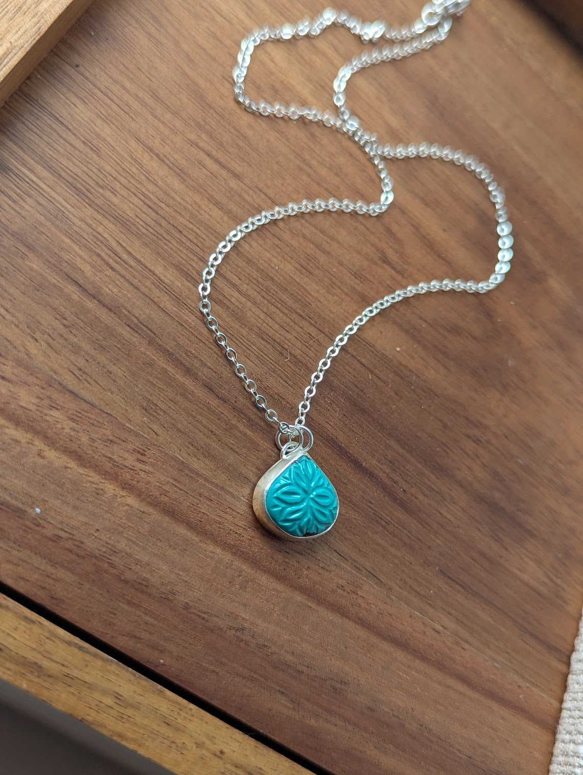 Carved Mandala Turquoise Tear Drop Sterling Silver Necklace