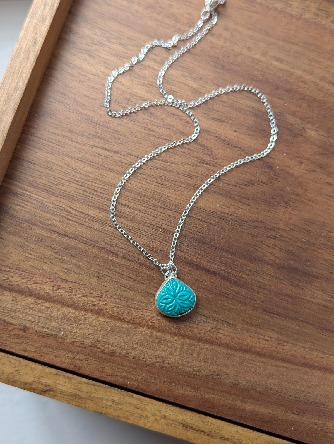 Carved Mandala Turquoise Tear Drop Sterling Silver Necklace