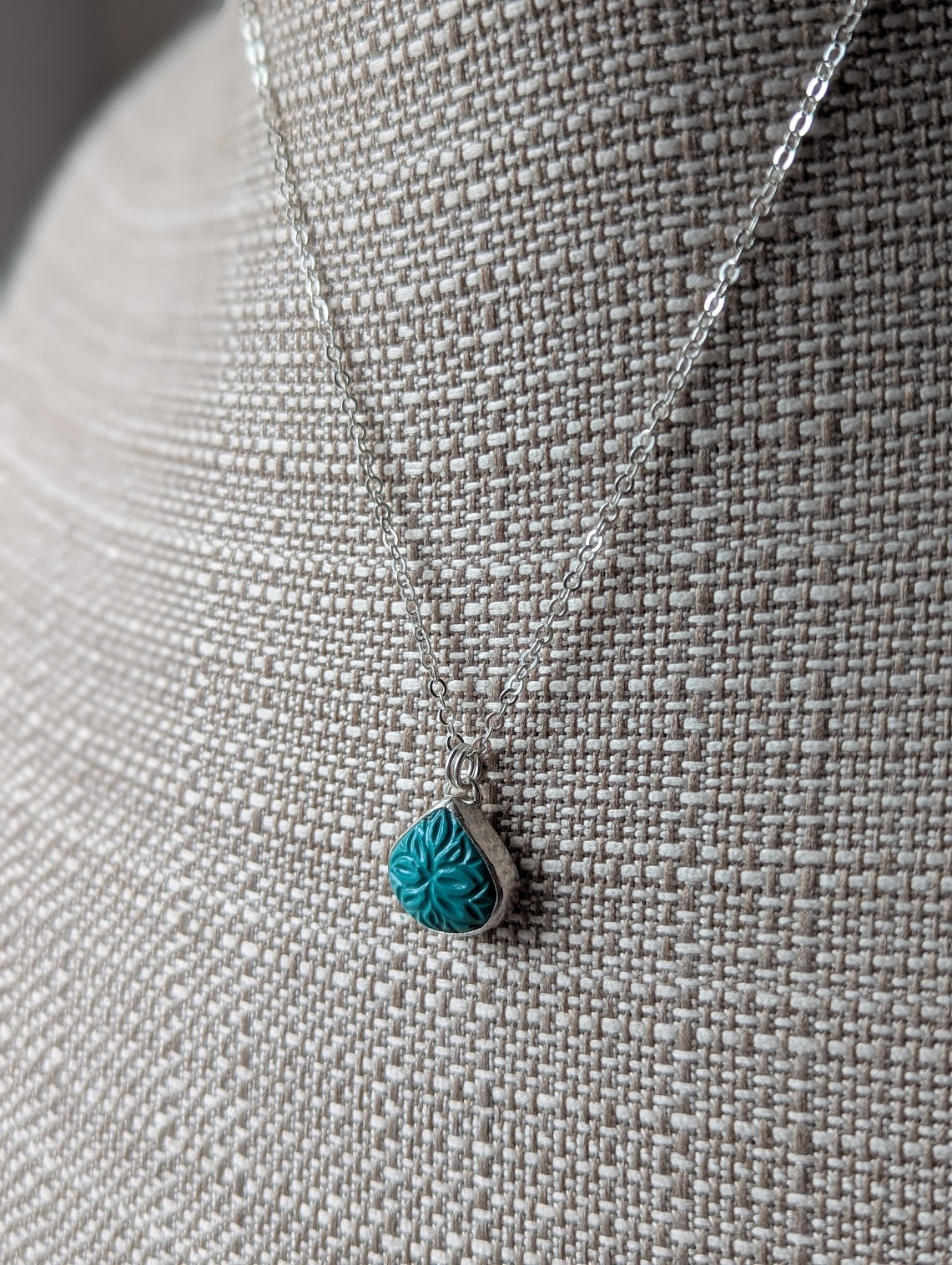 Carved Mandala Turquoise Tear Drop Sterling Silver Necklace