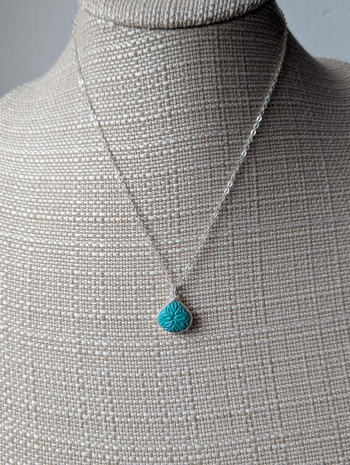 Carved Mandala Turquoise Tear Drop Sterling Silver Necklace