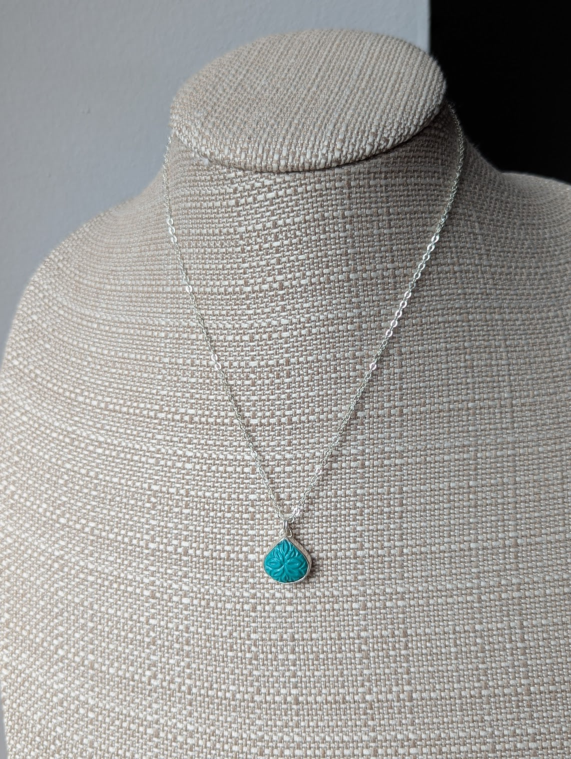 Carved Mandala Turquoise Tear Drop Sterling Silver Necklace