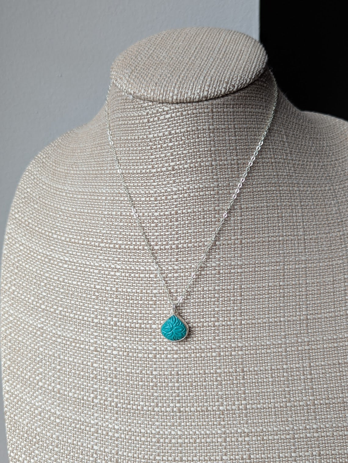 Carved Mandala Turquoise Tear Drop Sterling Silver Necklace