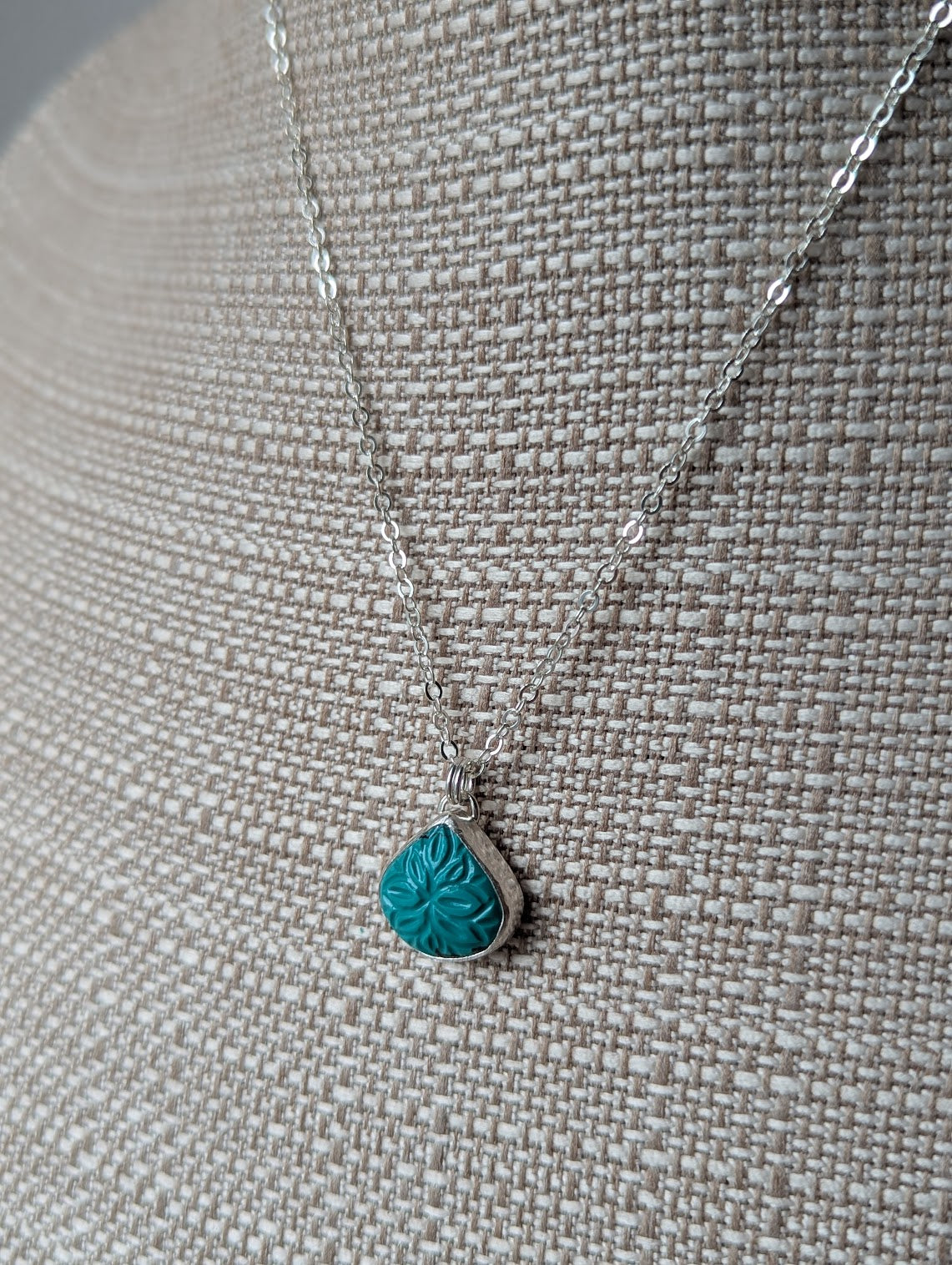 Carved Mandala Turquoise Tear Drop Sterling Silver Necklace