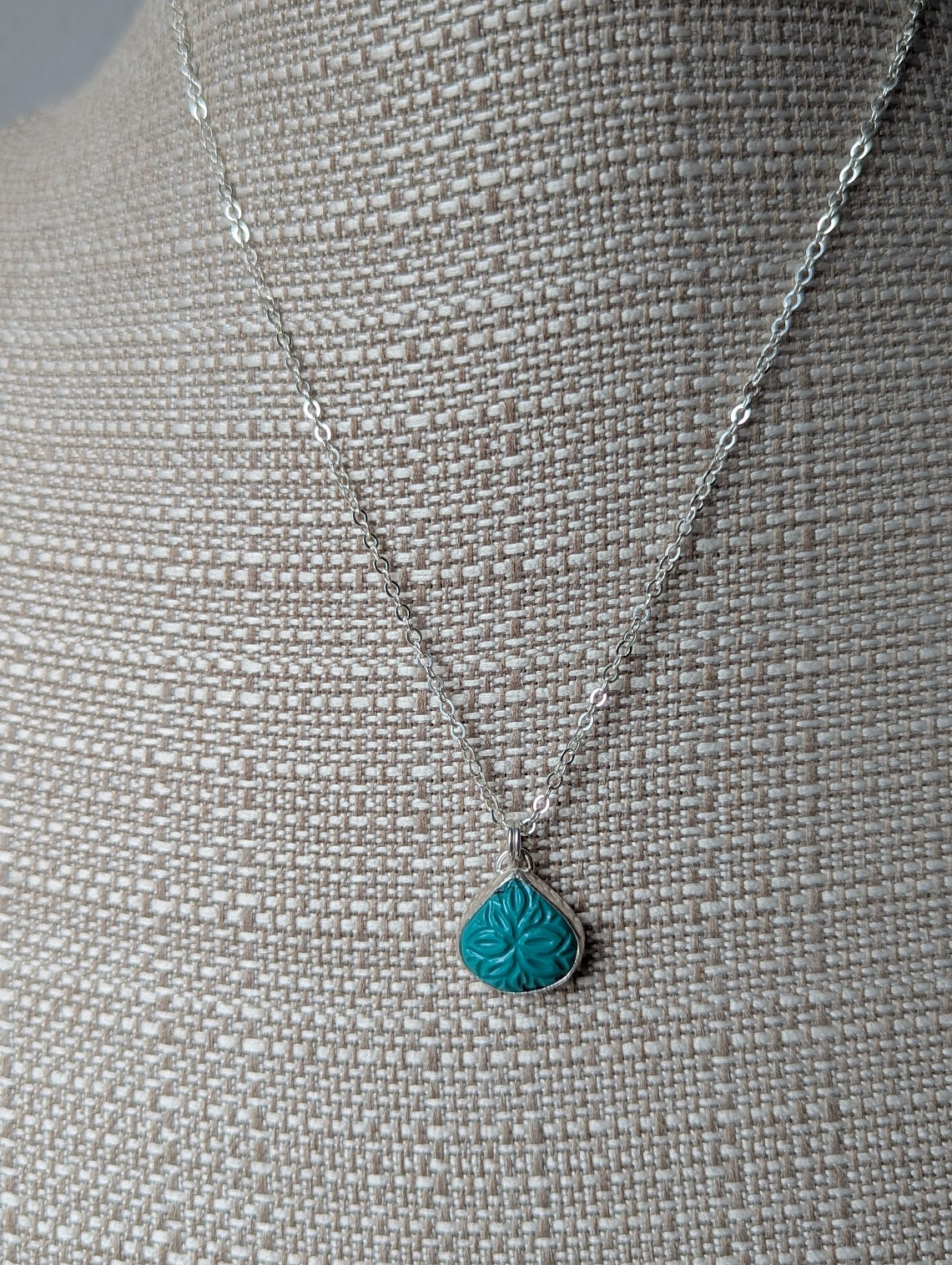 Carved Mandala Turquoise Tear Drop Sterling Silver Necklace