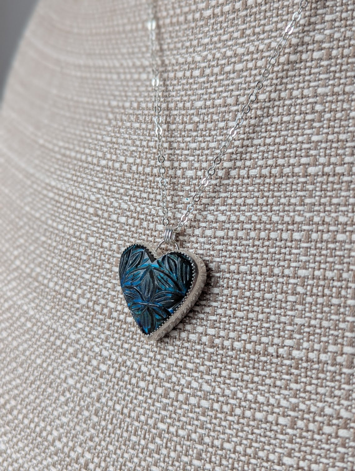Large Carved Labradorite Heart Sterling Silver Necklace