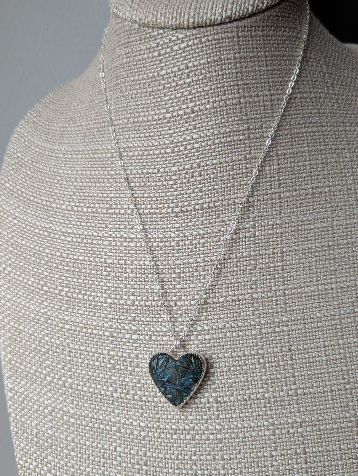 Large Carved Labradorite Heart Sterling Silver Necklace