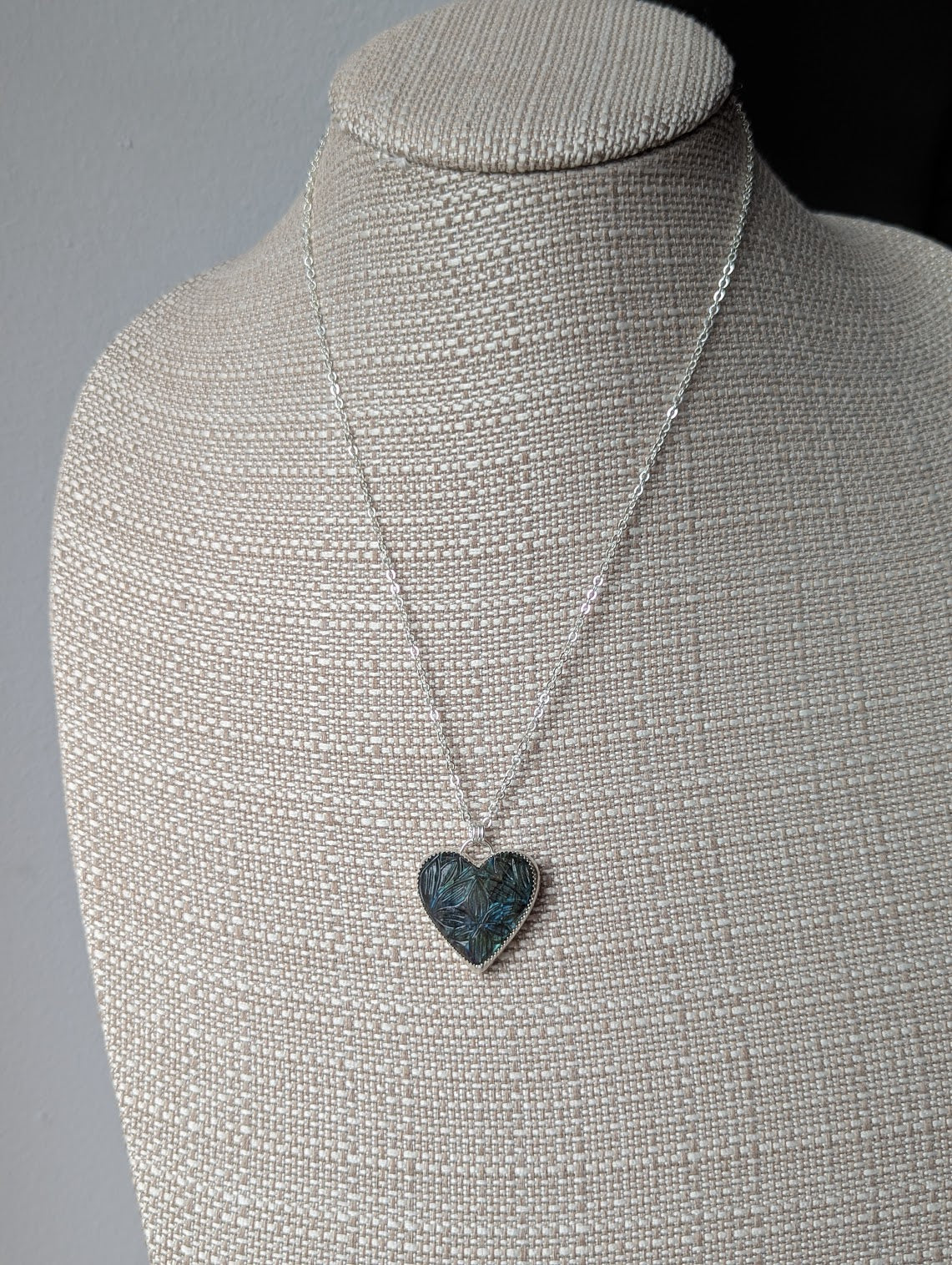 Large Carved Labradorite Heart Sterling Silver Necklace