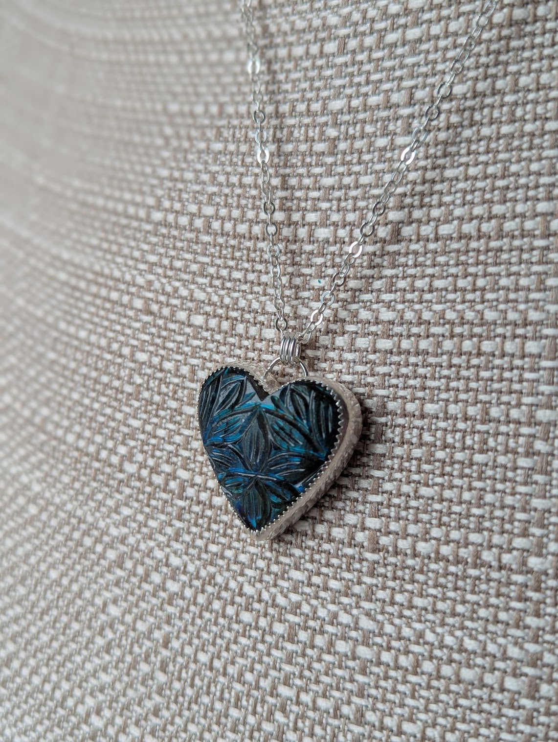Large Carved Labradorite Heart Sterling Silver Necklace