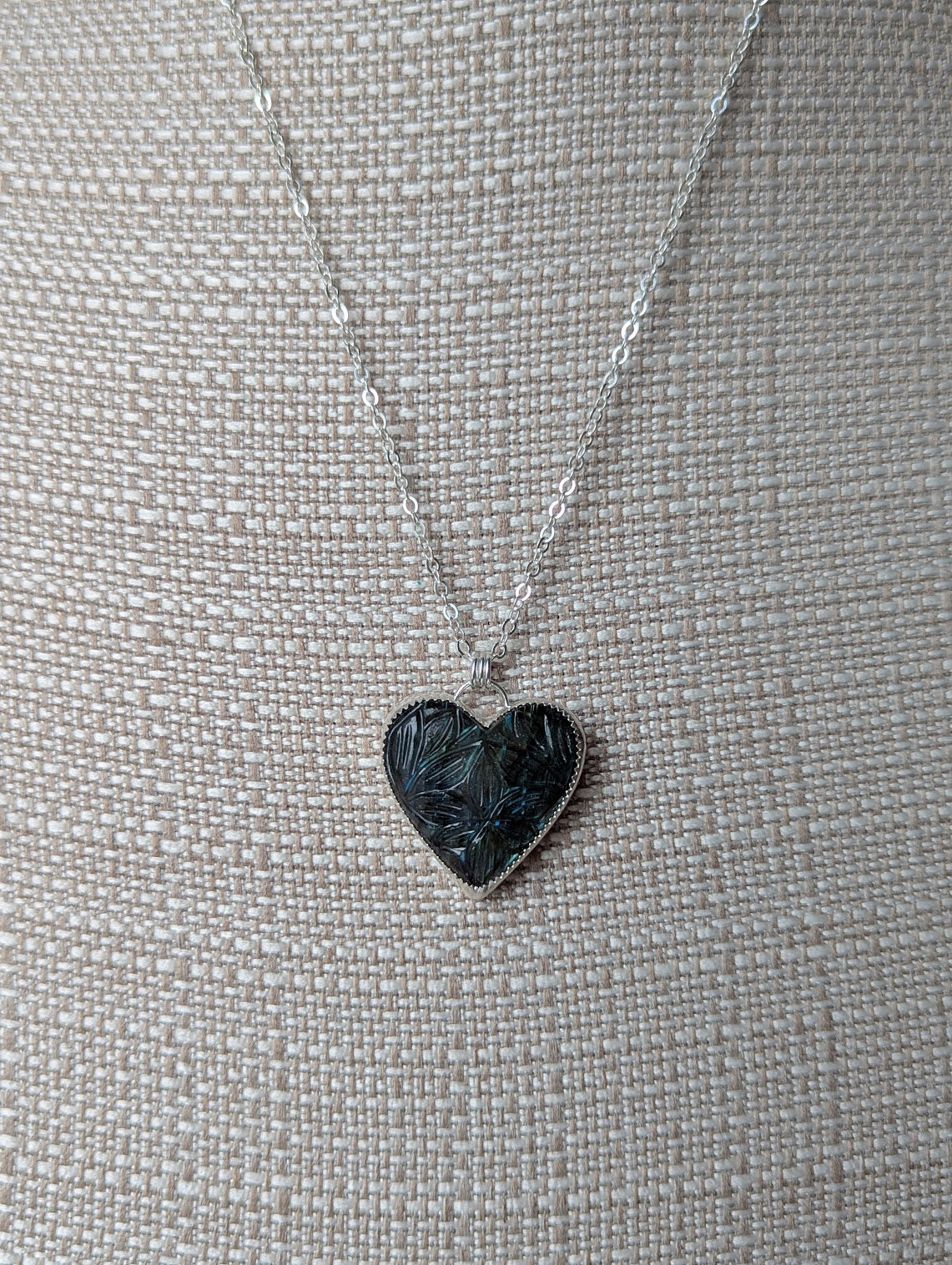 Large Carved Labradorite Heart Sterling Silver Necklace