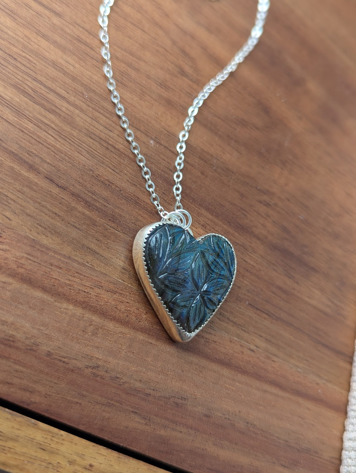 Large Carved Labradorite Heart Sterling Silver Necklace