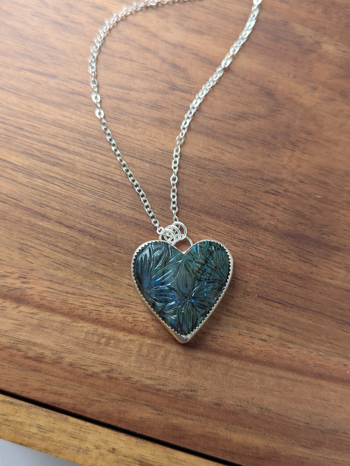 Large Carved Labradorite Heart Sterling Silver Necklace