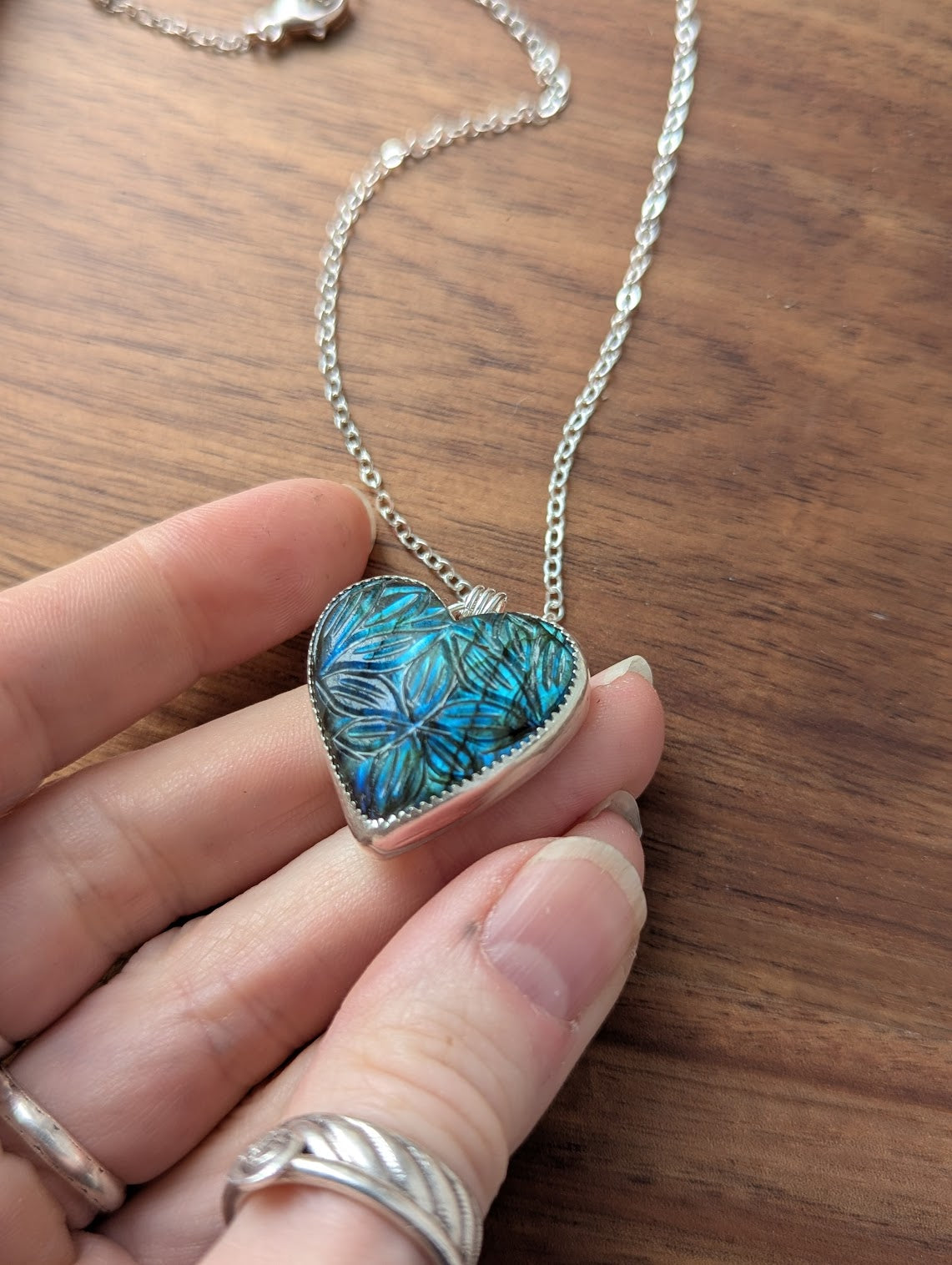 Large Carved Labradorite Heart Sterling Silver Necklace