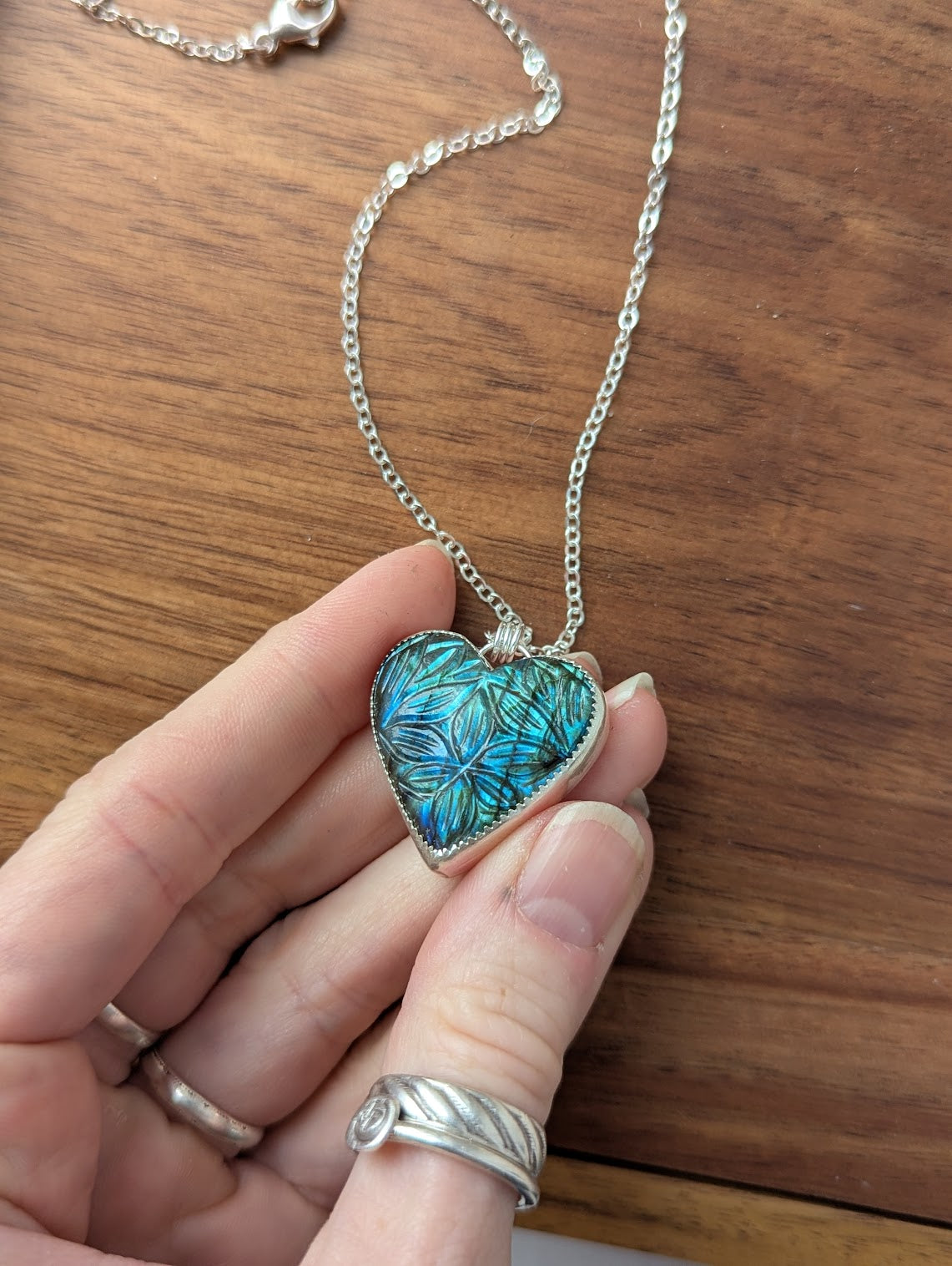 Large Carved Labradorite Heart Sterling Silver Necklace