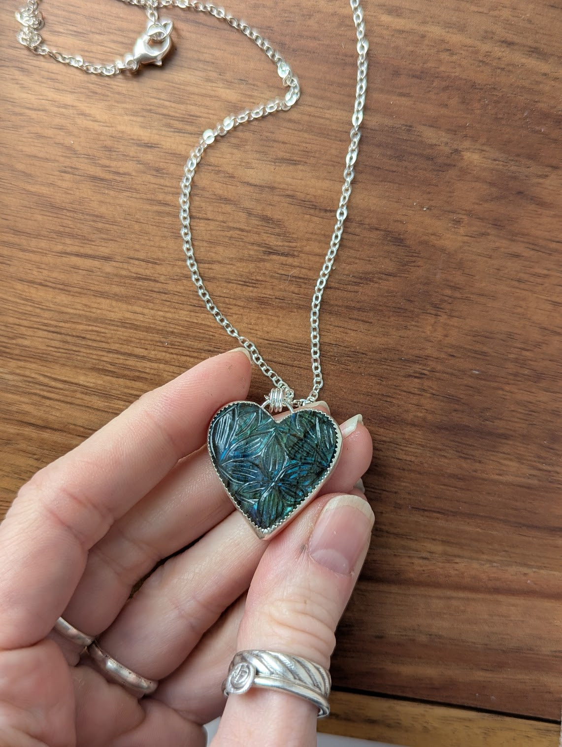 Large Carved Labradorite Heart Sterling Silver Necklace