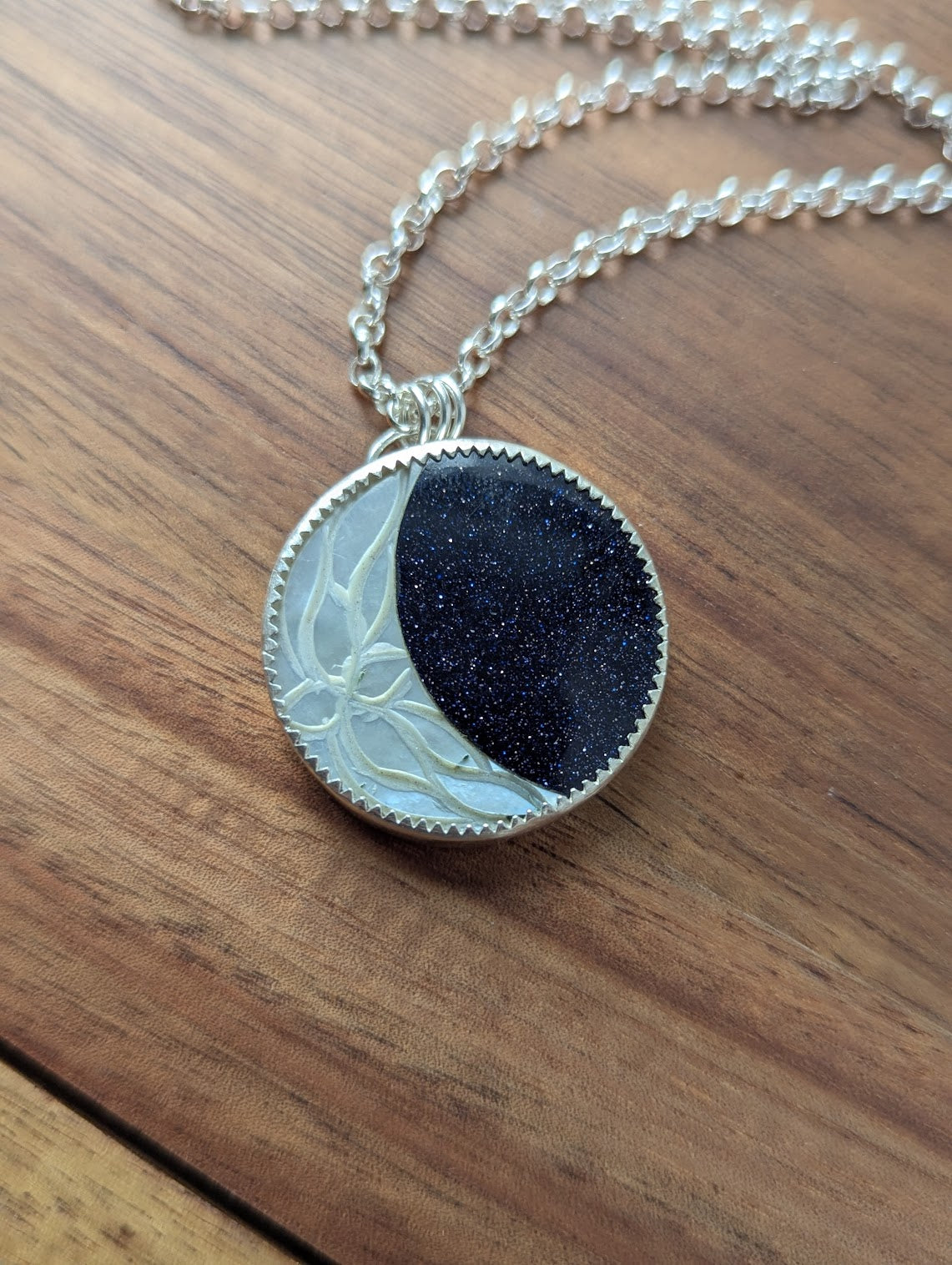 Carved Mother of Pearl Crescent Moon with Blue Goldstone Galaxy Sterling Silver Necklace