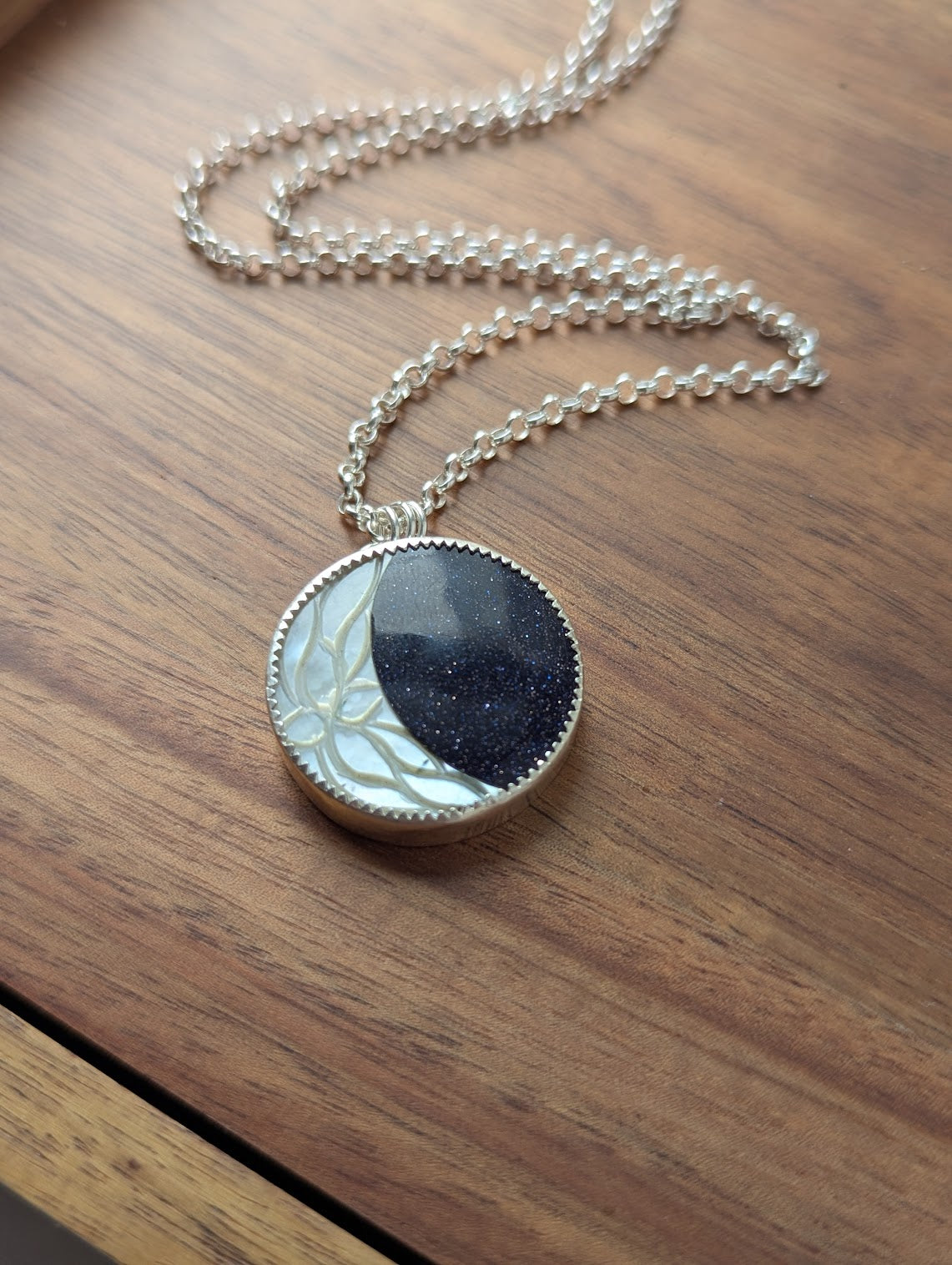 Carved Mother of Pearl Crescent Moon with Blue Goldstone Galaxy Sterling Silver Necklace