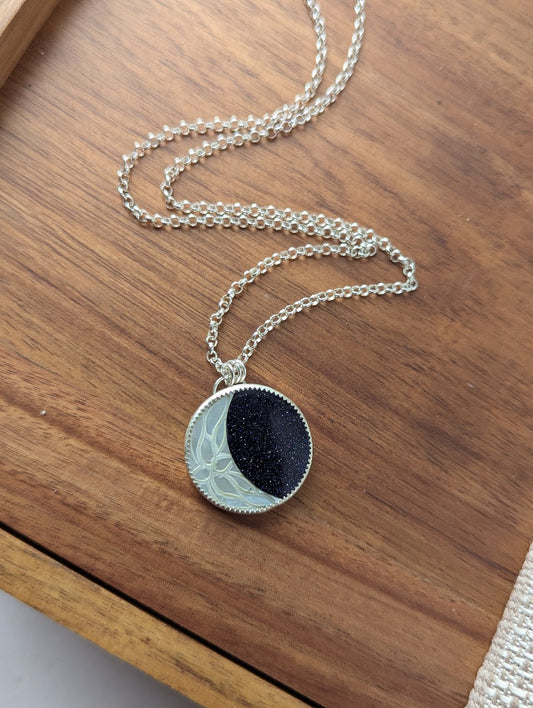 Carved Mother of Pearl Crescent Moon with Blue Goldstone Galaxy Sterling Silver Necklace