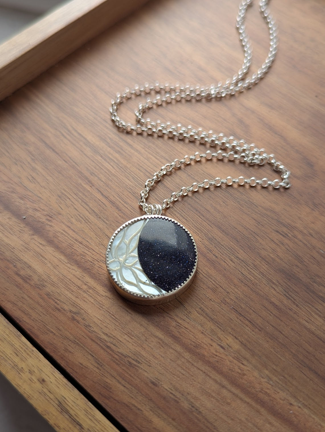 Carved Mother of Pearl Crescent Moon with Blue Goldstone Galaxy Sterling Silver Necklace