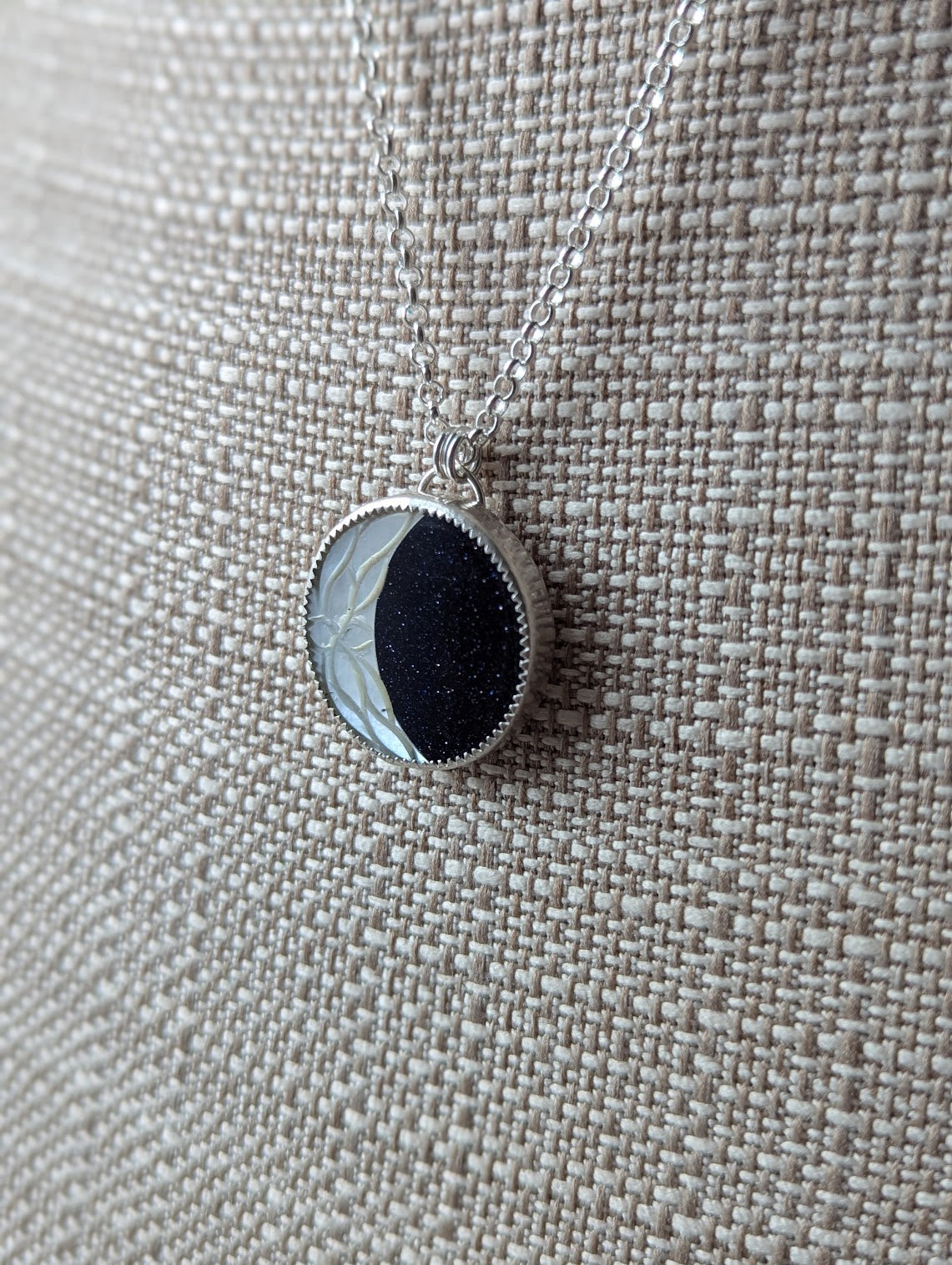 Carved Mother of Pearl Crescent Moon with Blue Goldstone Galaxy Sterling Silver Necklace
