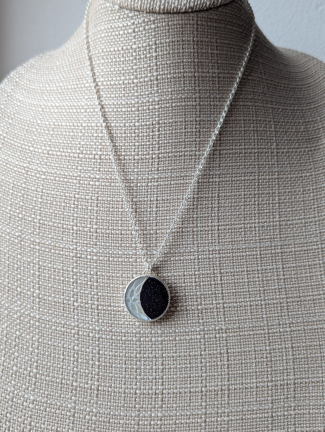 Carved Mother of Pearl Crescent Moon with Blue Goldstone Galaxy Sterling Silver Necklace
