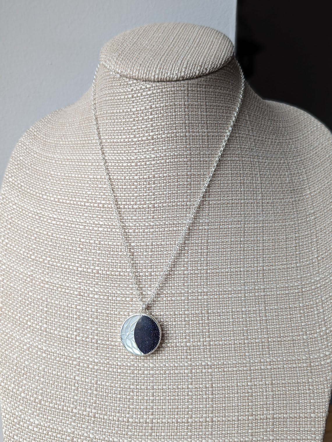 Carved Mother of Pearl Crescent Moon with Blue Goldstone Galaxy Sterling Silver Necklace