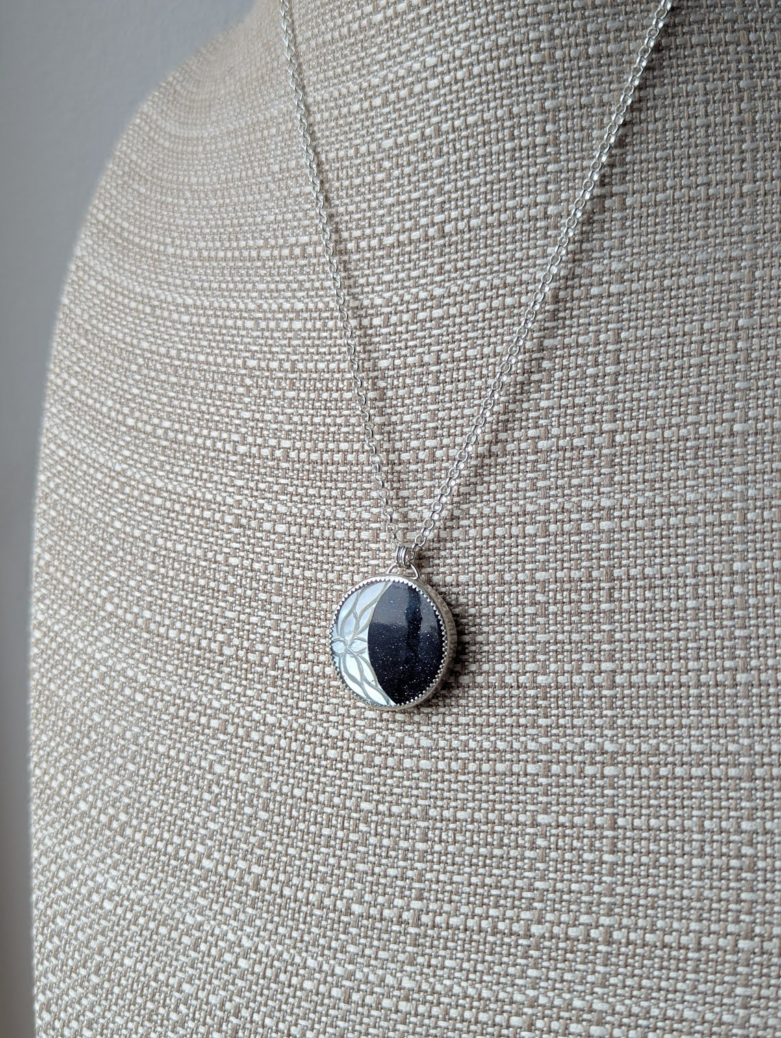 Carved Mother of Pearl Crescent Moon with Blue Goldstone Galaxy Sterling Silver Necklace