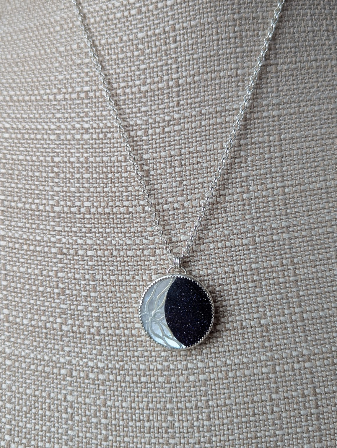 Carved Mother of Pearl Crescent Moon with Blue Goldstone Galaxy Sterling Silver Necklace