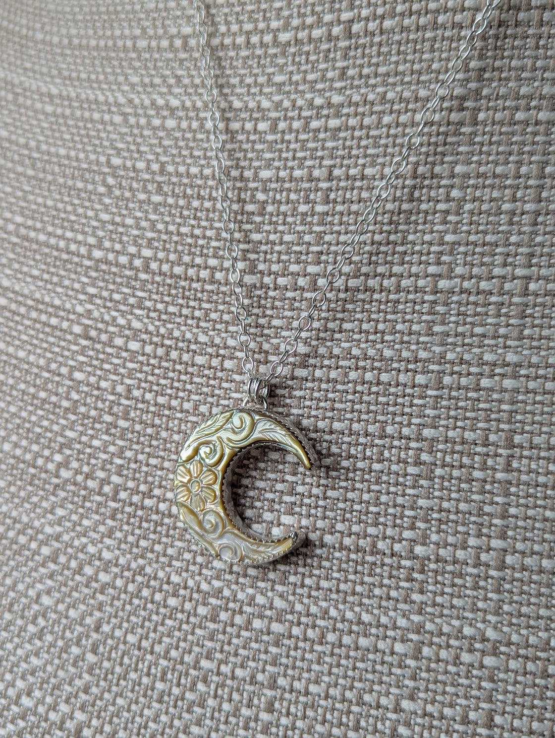 Carved Mother of Pearl Crescent Moon Sterling Silver Necklace