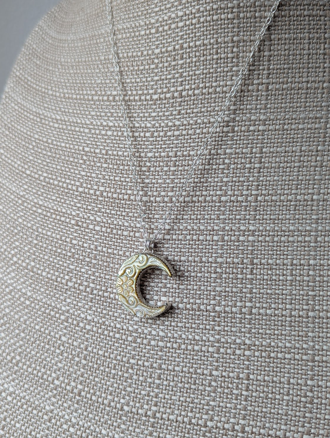 Carved Mother of Pearl Crescent Moon Sterling Silver Necklace
