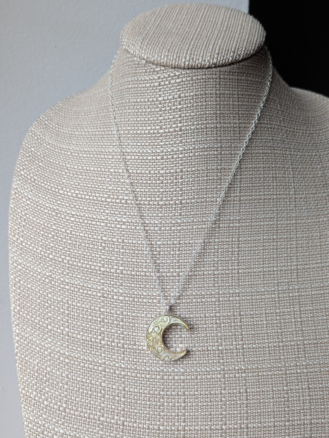 Carved Mother of Pearl Crescent Moon Sterling Silver Necklace