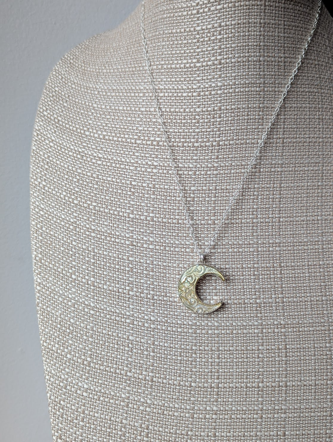 Carved Mother of Pearl Crescent Moon Sterling Silver Necklace