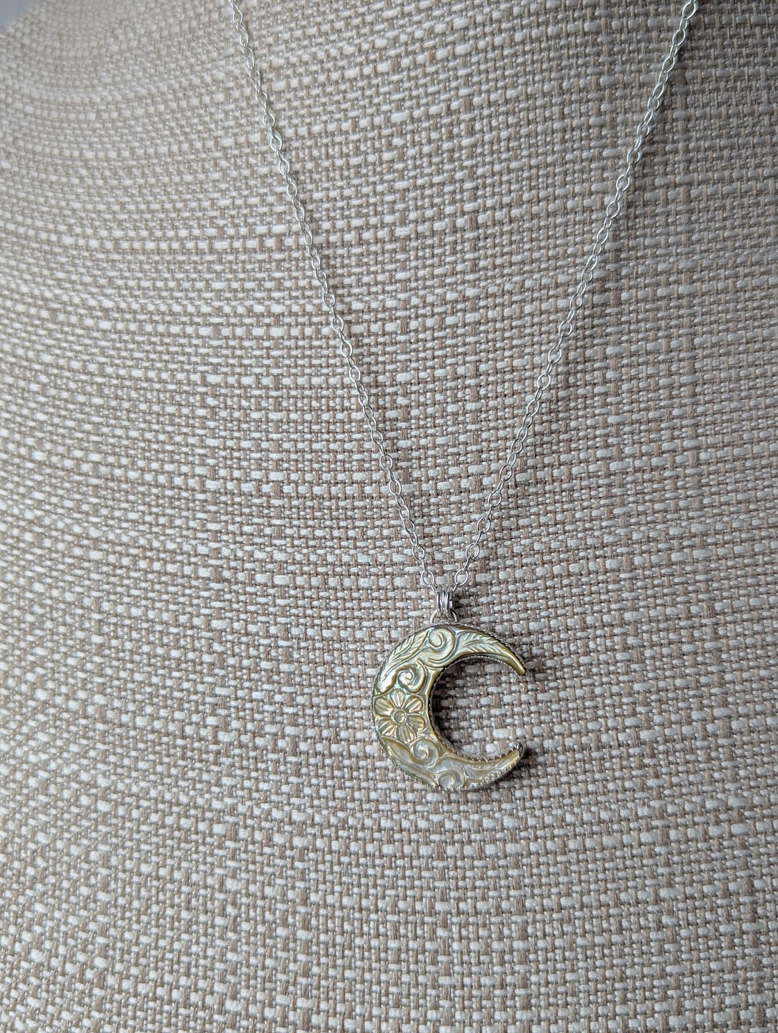 Carved Mother of Pearl Crescent Moon Sterling Silver Necklace