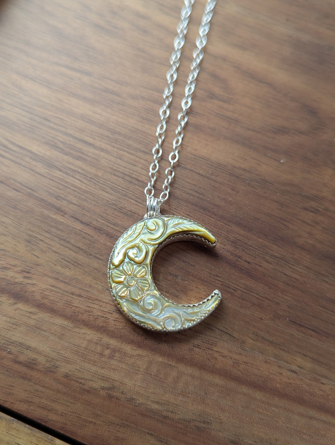 Carved Mother of Pearl Crescent Moon Sterling Silver Necklace