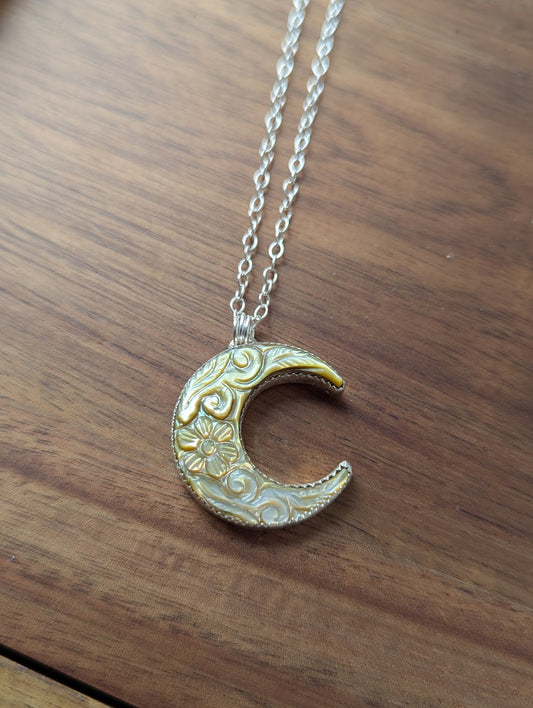 Carved Mother of Pearl Crescent Moon Sterling Silver Necklace