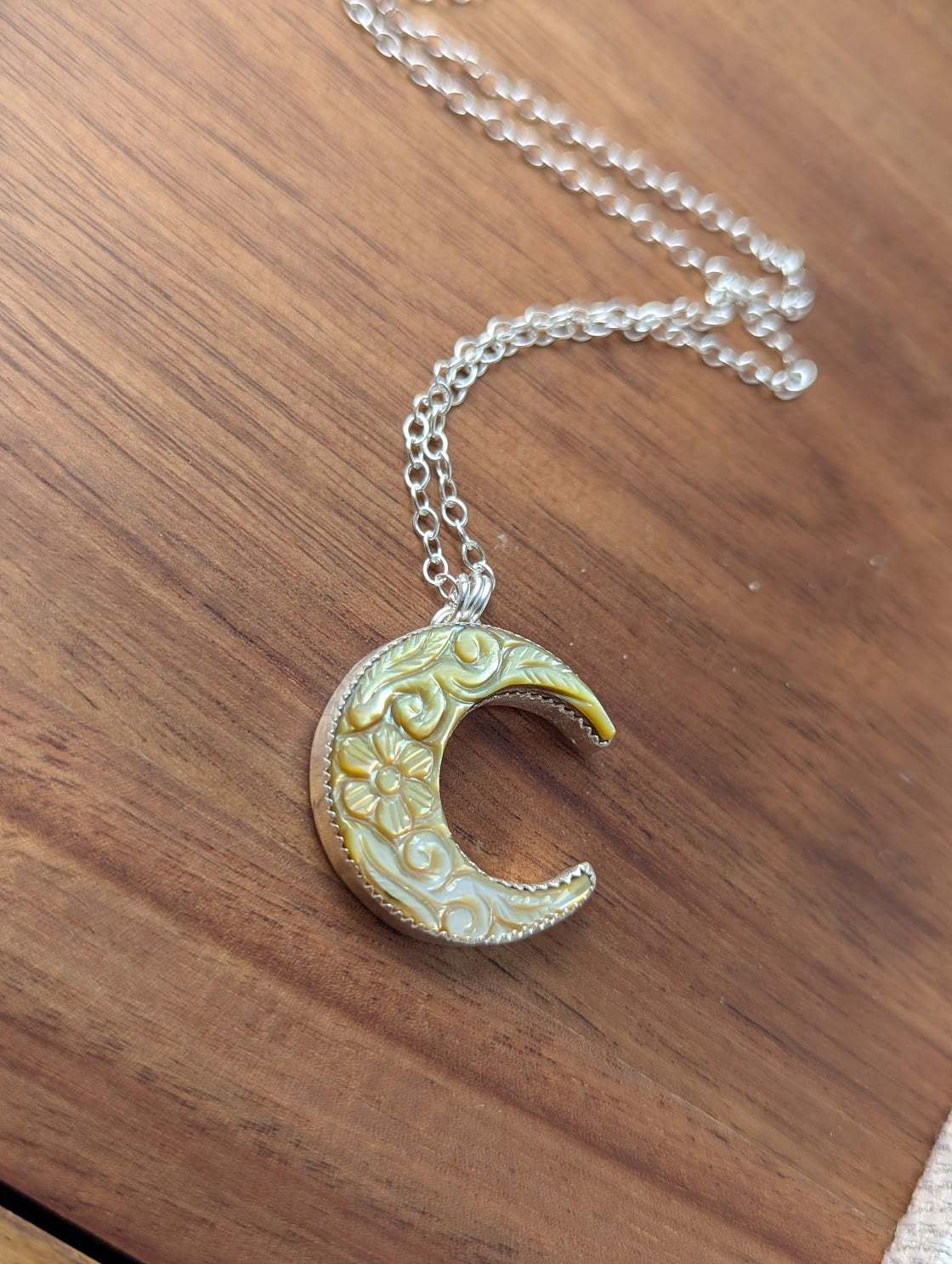 Carved Mother of Pearl Crescent Moon Sterling Silver Necklace