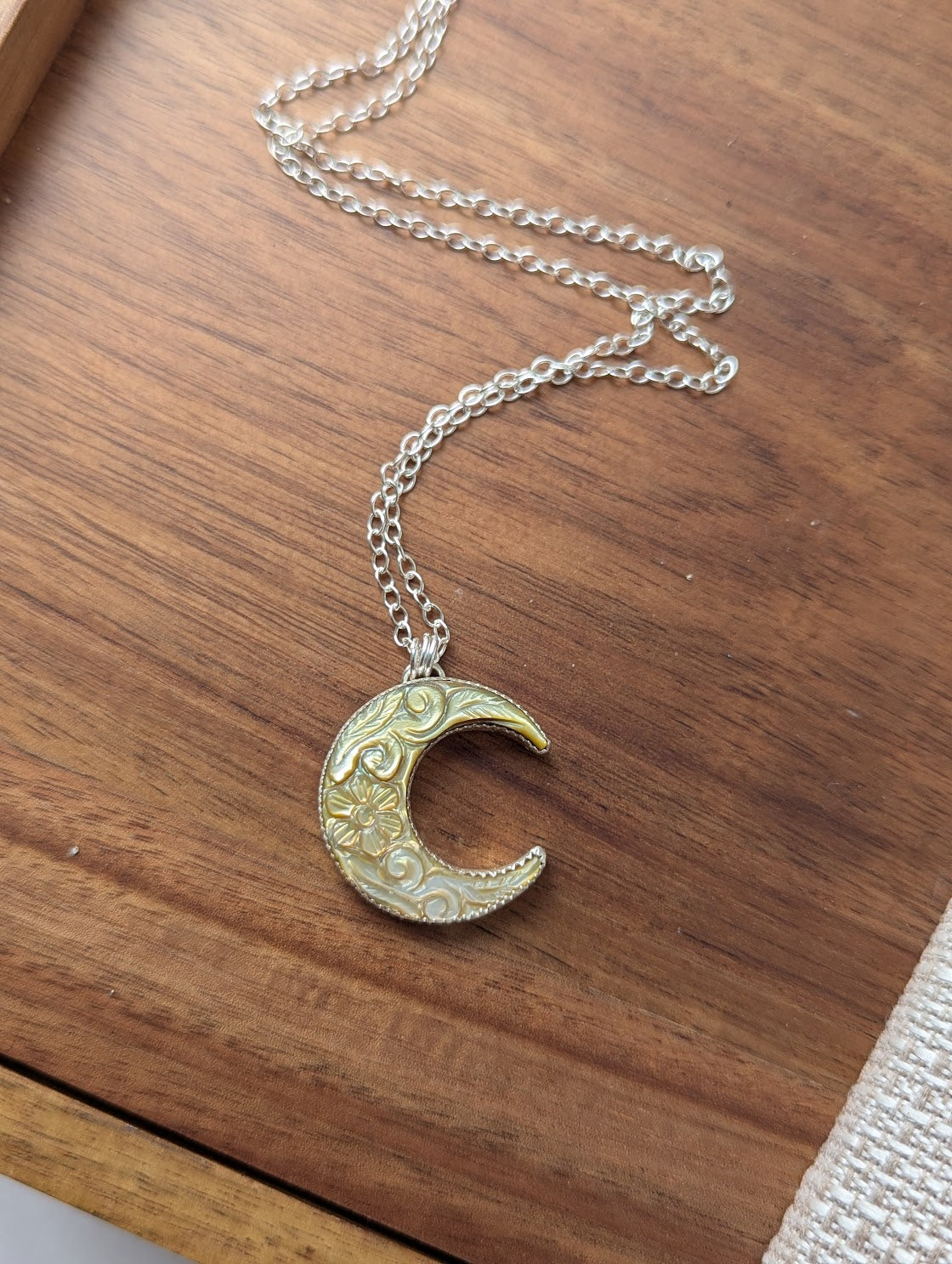 Carved Mother of Pearl Crescent Moon Sterling Silver Necklace