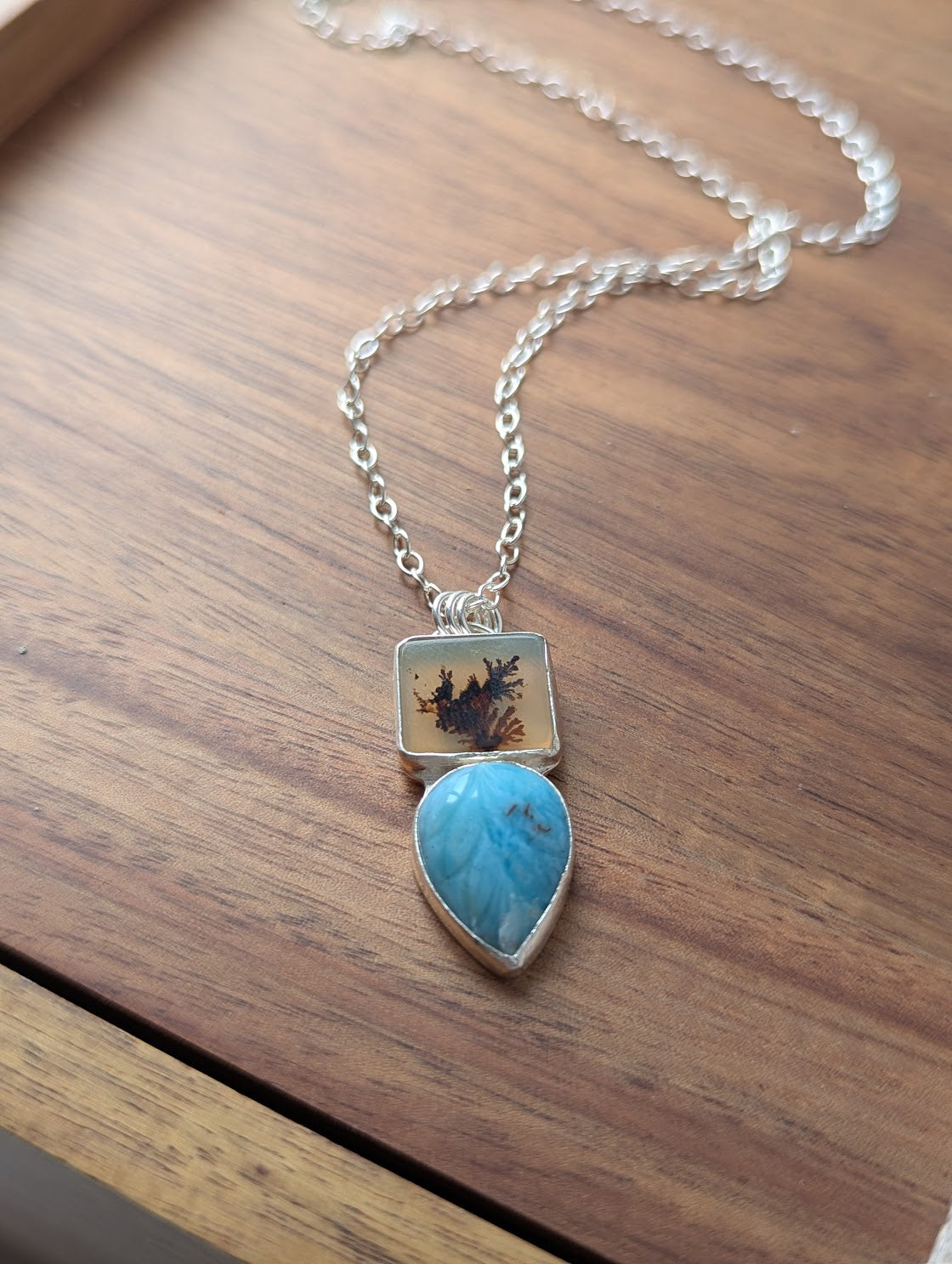 Dendritic Agate Carved Larimar Duo Sterling Silver Necklace
