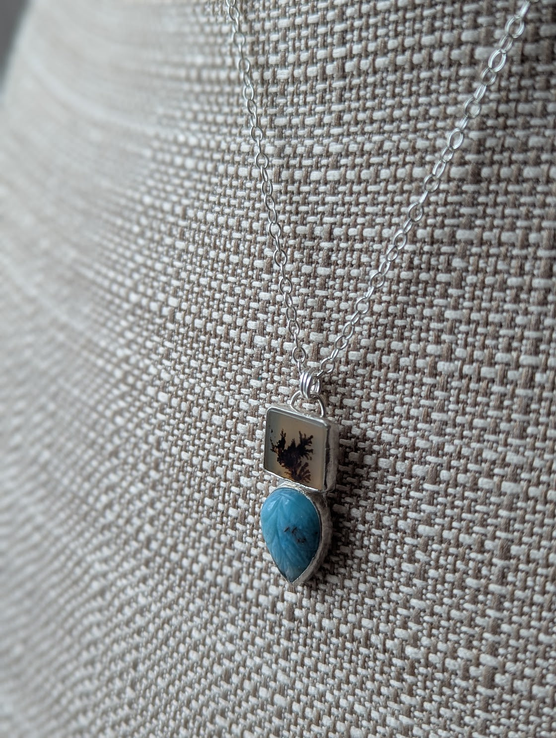 Dendritic Agate Carved Larimar Duo Sterling Silver Necklace