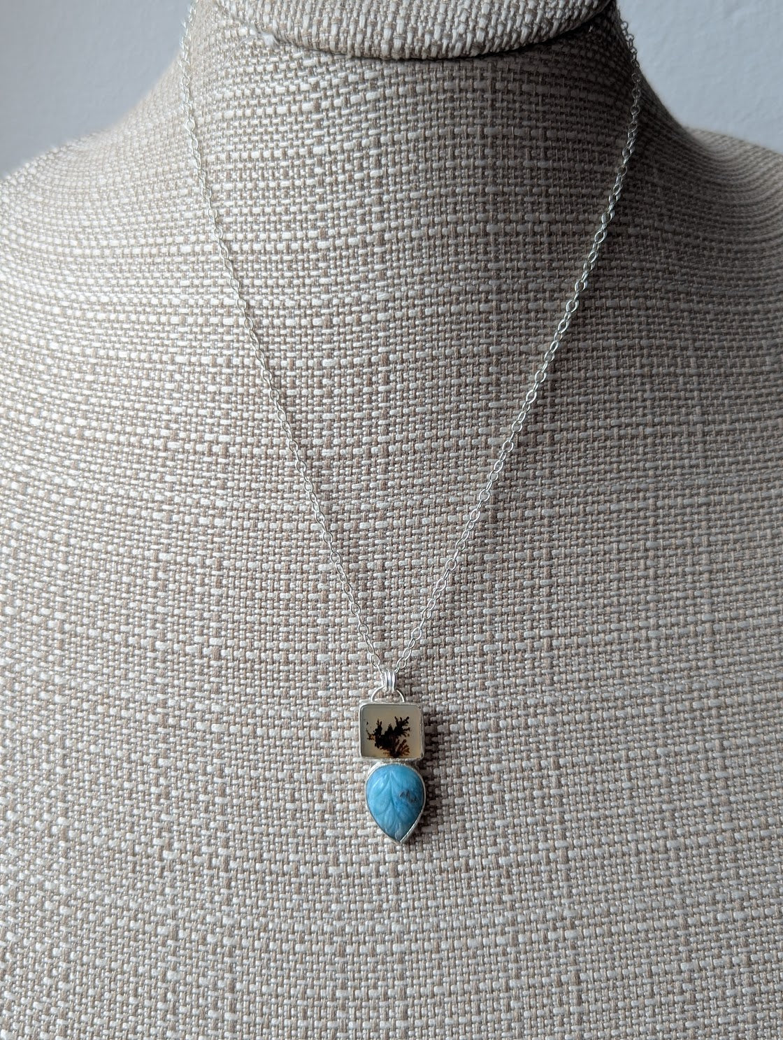 Dendritic Agate Carved Larimar Duo Sterling Silver Necklace