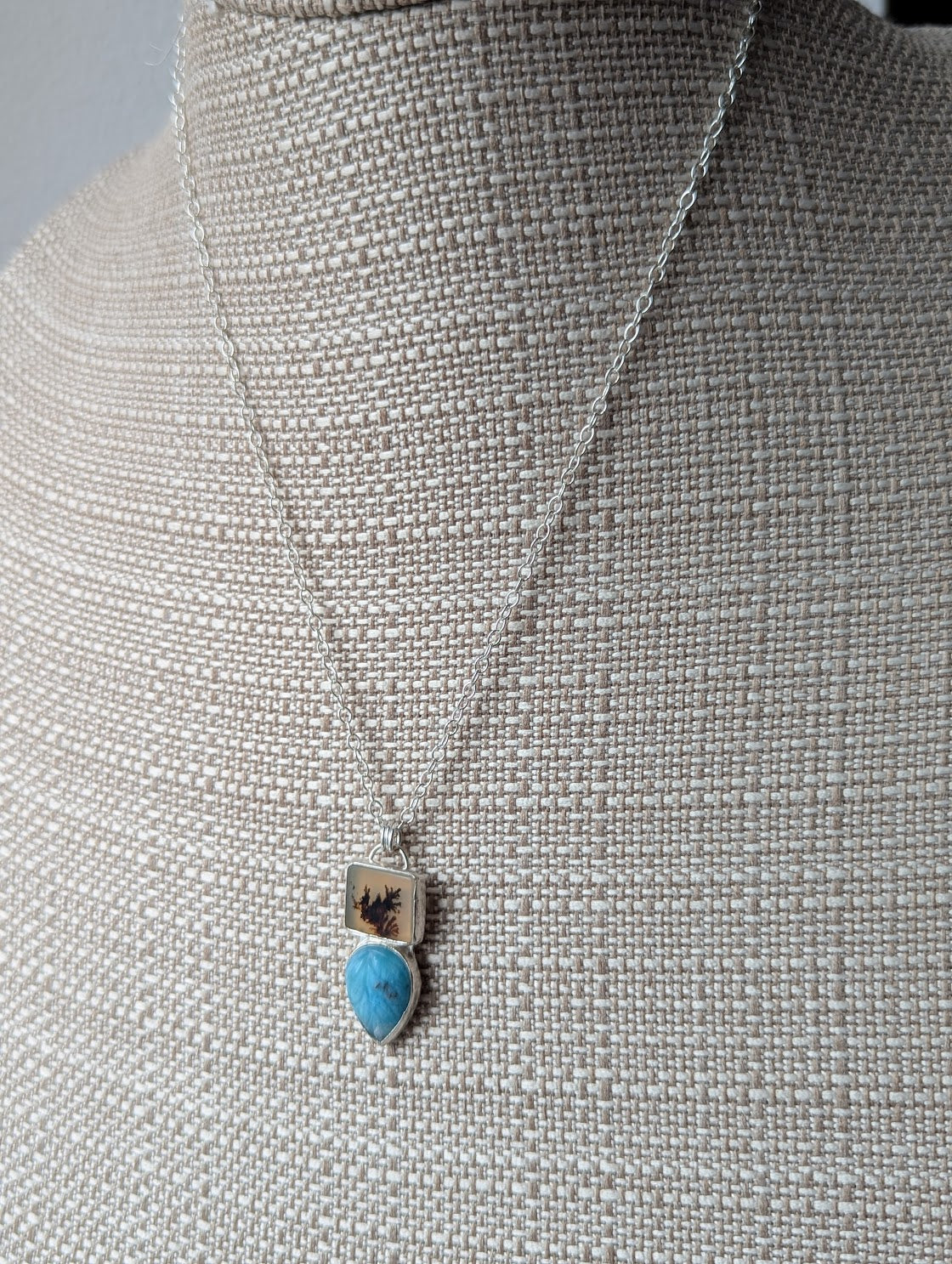 Dendritic Agate Carved Larimar Duo Sterling Silver Necklace