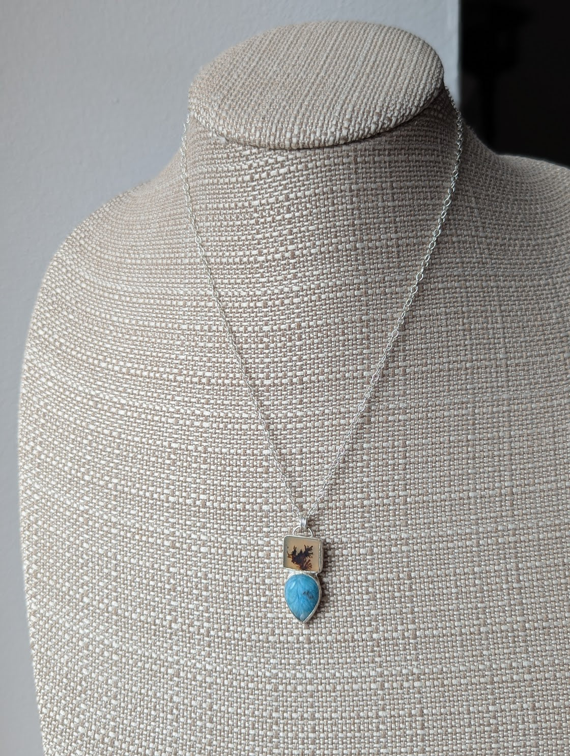 Dendritic Agate Carved Larimar Duo Sterling Silver Necklace