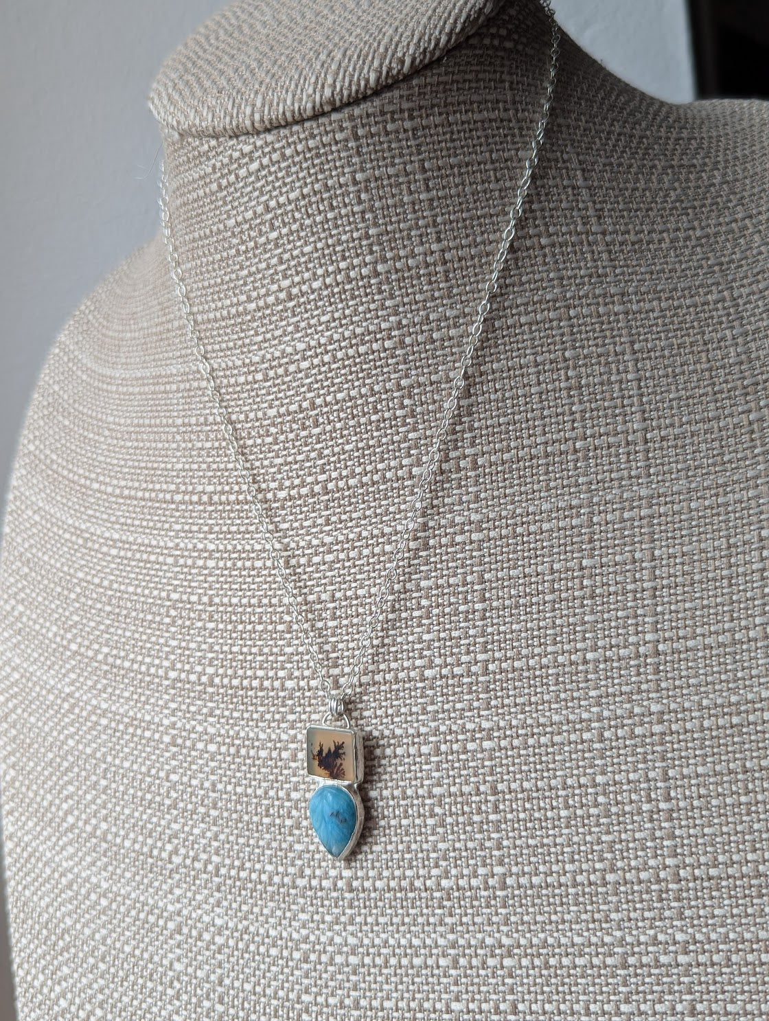 Dendritic Agate Carved Larimar Duo Sterling Silver Necklace