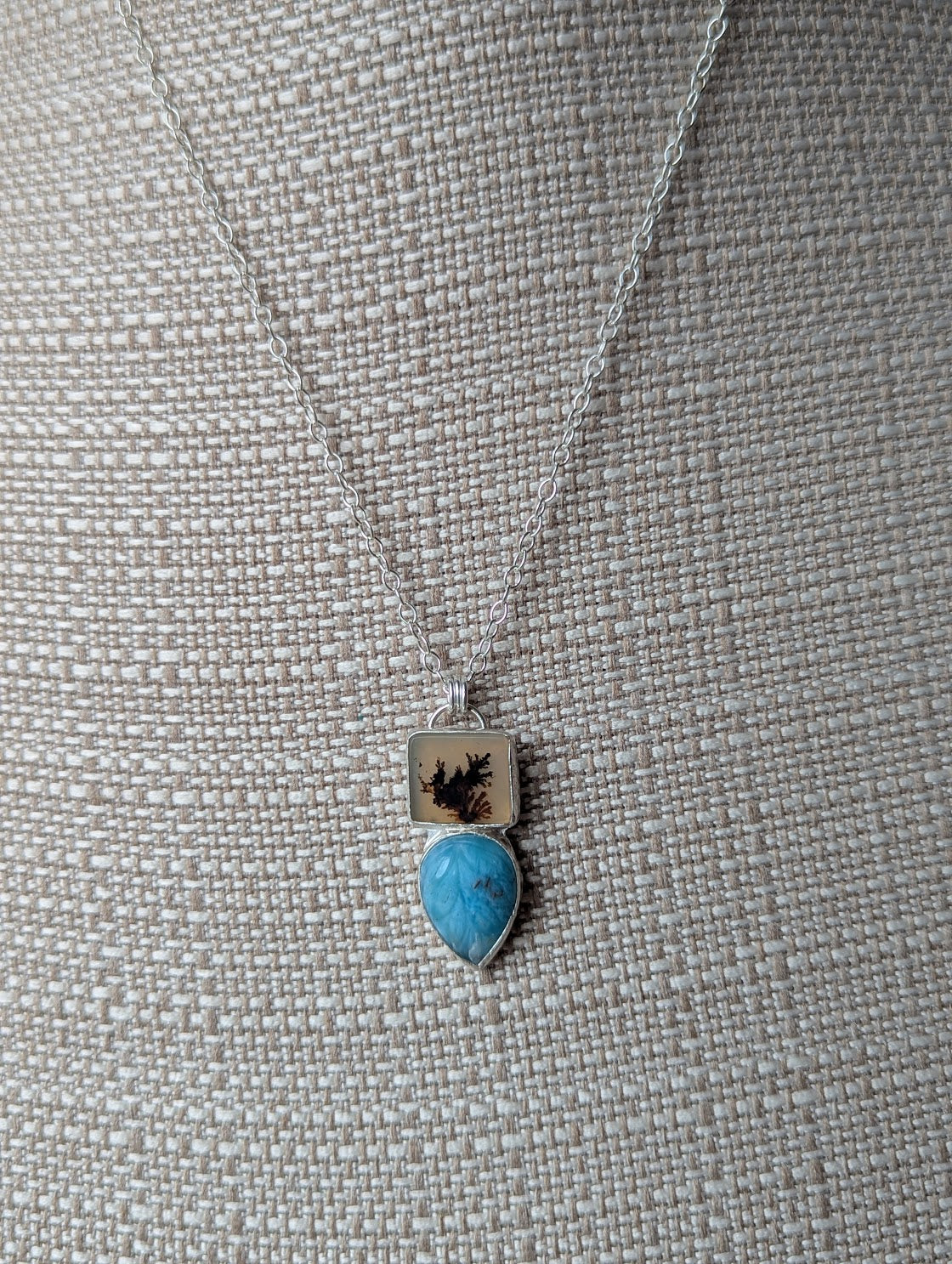 Dendritic Agate Carved Larimar Duo Sterling Silver Necklace