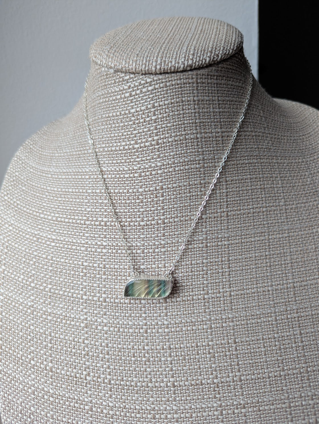 Carved Rainbow Fluorite Wave Sterling Silver Necklace