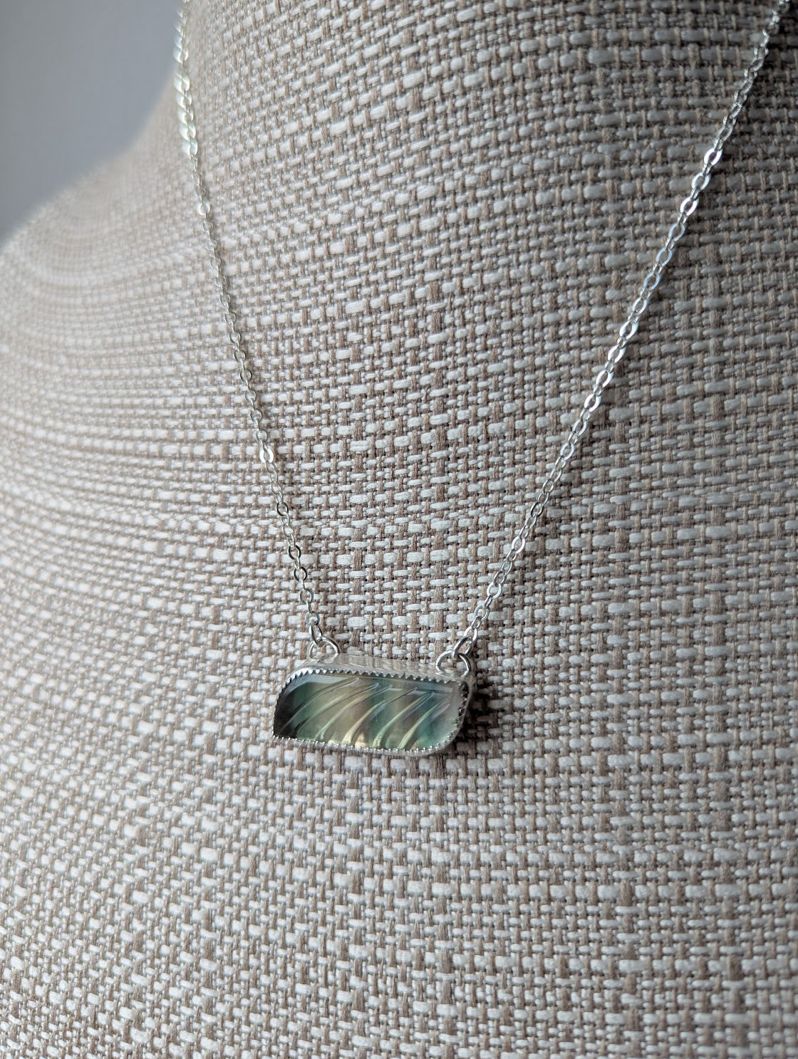 Carved Rainbow Fluorite Wave Sterling Silver Necklace