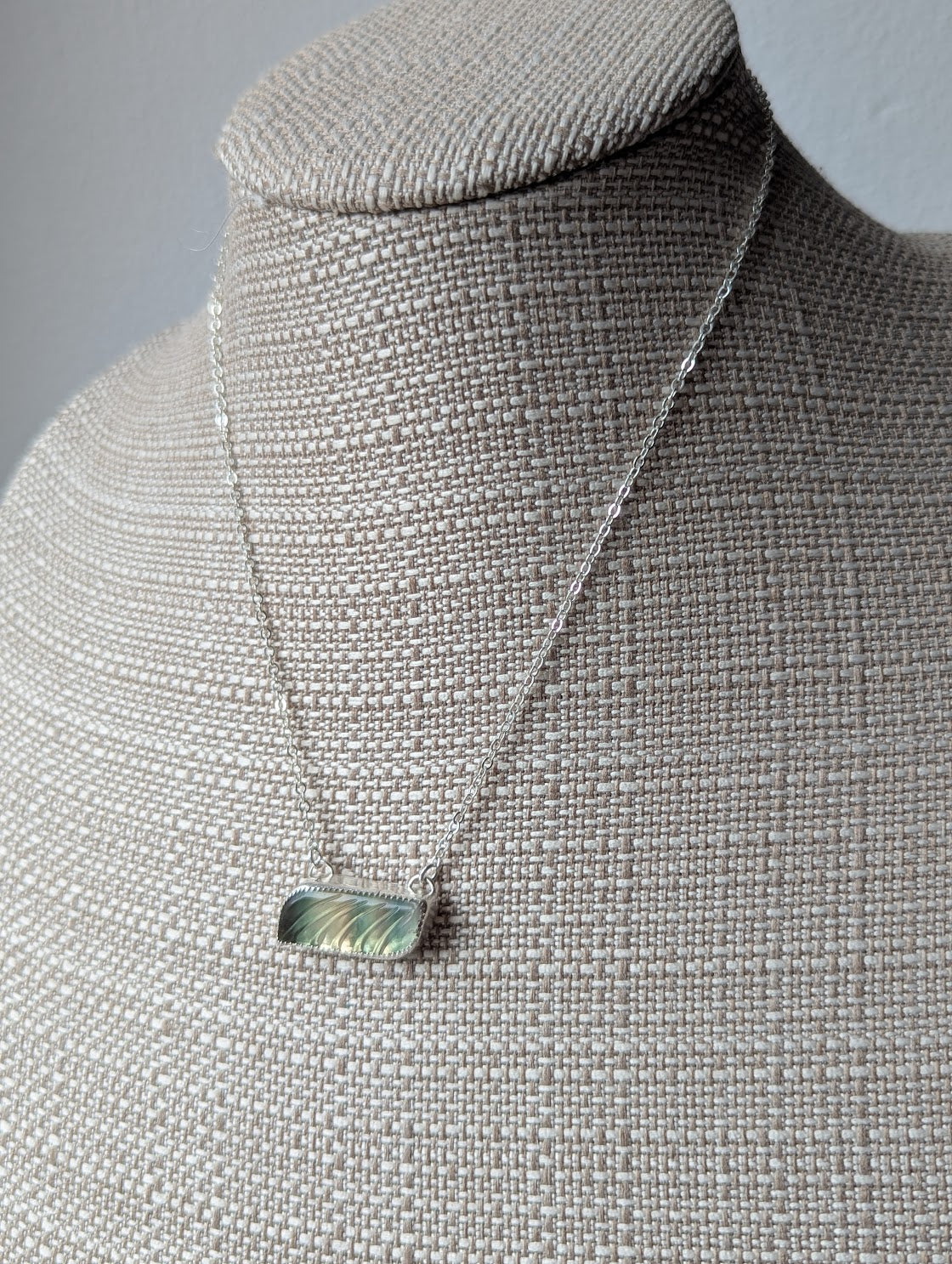 Carved Rainbow Fluorite Wave Sterling Silver Necklace