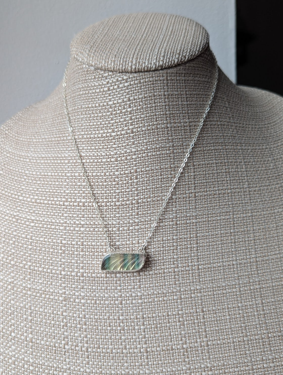 Carved Rainbow Fluorite Wave Sterling Silver Necklace